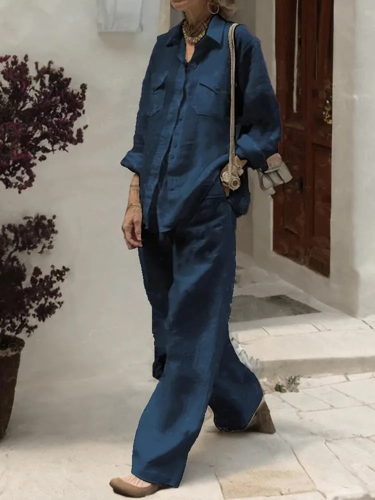 Women Linen And Cotton Two-piece Set Loose Collared Pants Pocket Shirt Wide Legs Spring And Autumn 250120