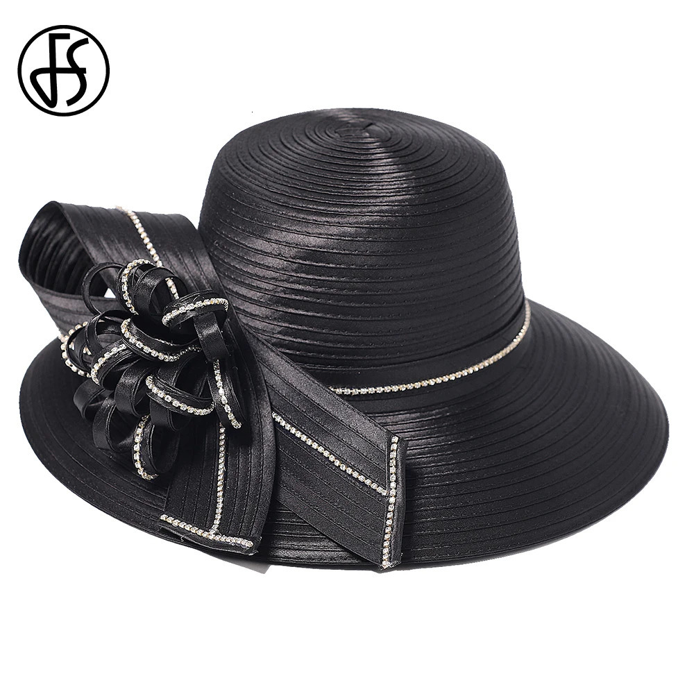 FS Elegant Black Hat Lady Formal Dress Fedora Church Cocktail Tea Party Derby Caps For Women Bow Flower Wide Brim Cloche Hats 250118