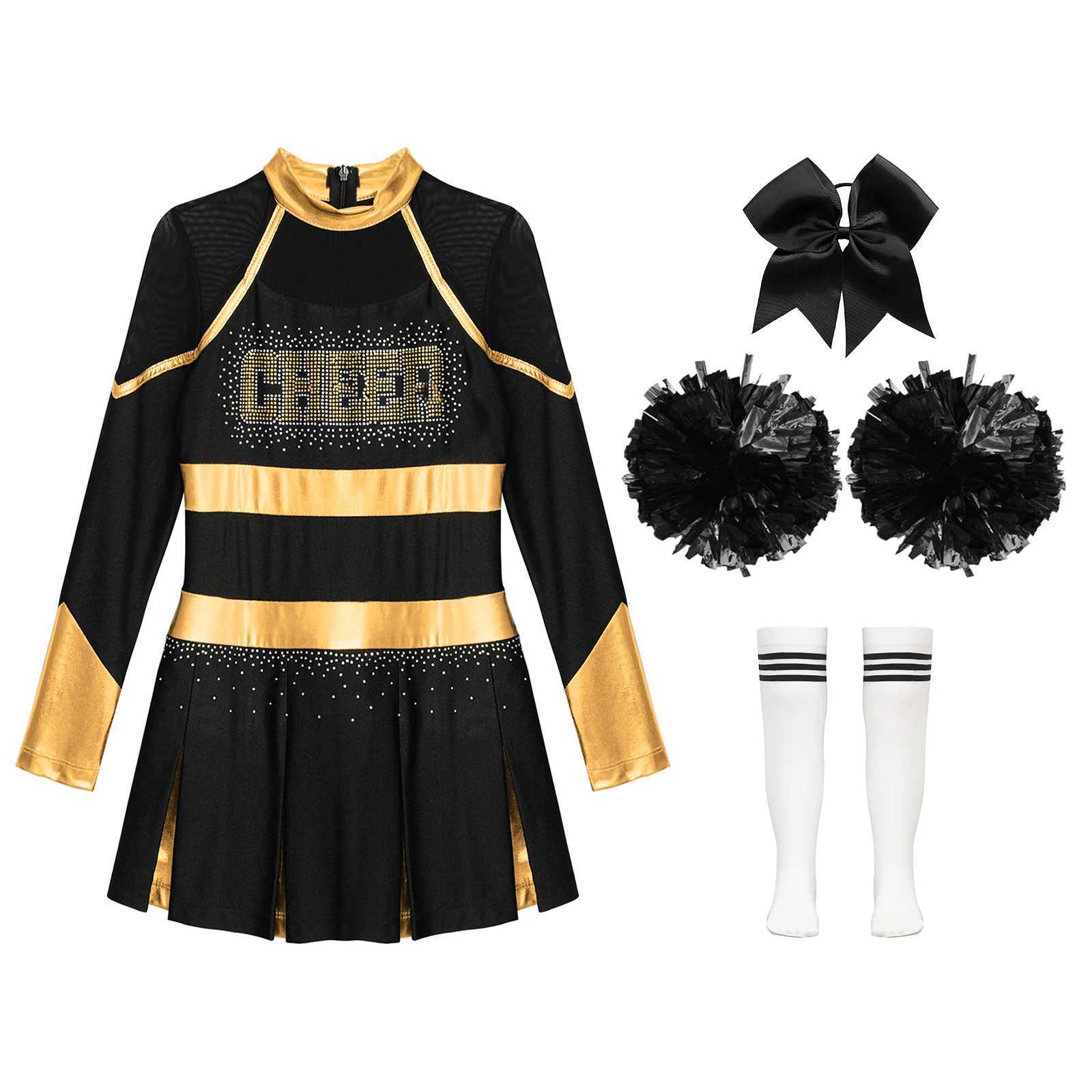 Kids Girls Cheerleading Uniforms Cheer Dance Outfit Cheerleader Costume Children Glittery Rhinestones School Cheerlead UniformsW250121