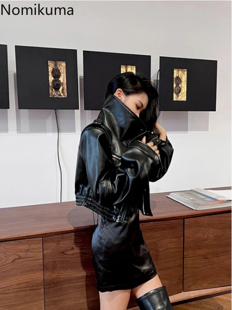 Turtleneck Temperament Coats for Women Streetwear Leather Zipper Bomber Jackets Crop Tops Fashion Casual Korean Y2k Jackets 250118