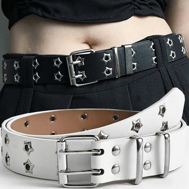 110cm Waist Belt Y2K Punk Rivet Leather Belts Women Men Star PU Black White Waist Strap Double Row Hollow for Jeans Skirt Decor W250120