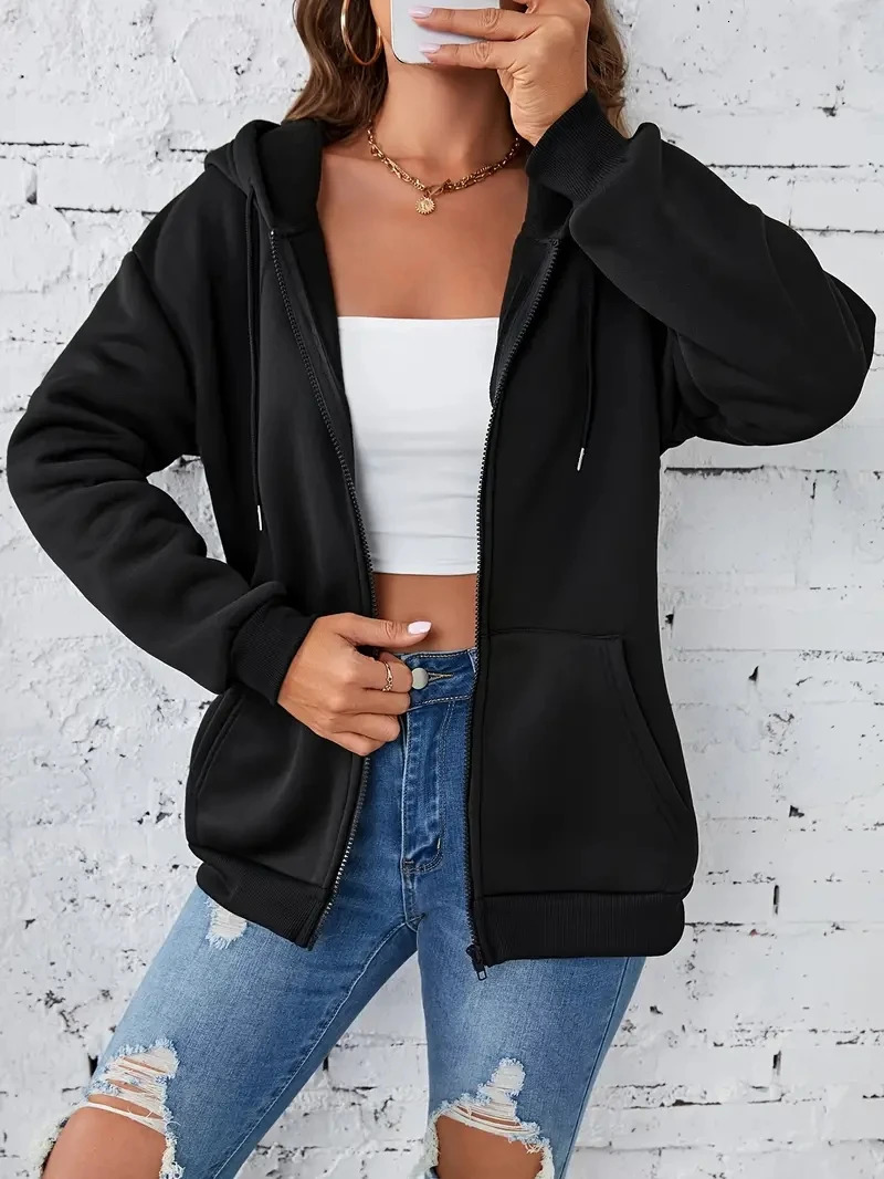 Solid Drawstring Hoodie For Women Autumn And Winter Velvet Thickened Longsleeved Zip Sweatshirt 250122