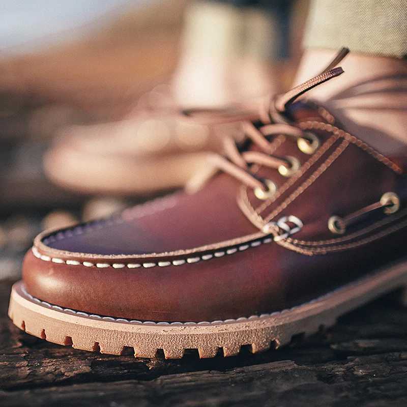 Cow Genuine Leather Shoes Men Loafers Soft Casual Shoes Men Boat Shoes Male Footwear Black Brown Work Shoes Lace-upXJ250118