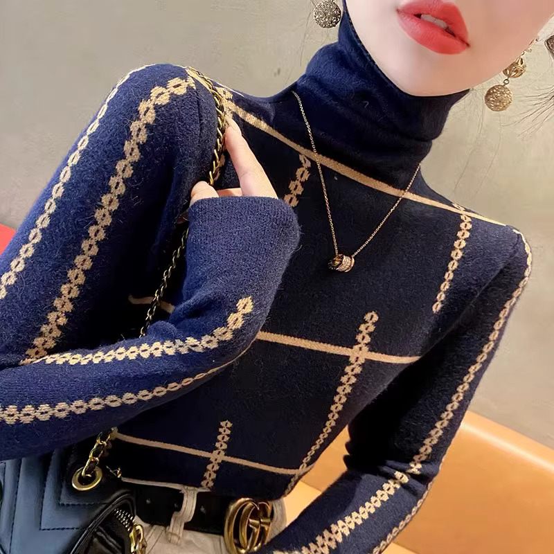 Office Lady Daily Fashion Jacquard Turtleneck Sweaters Autumn Winter Temperament Elegant Elastic Slim Knitted Pullovers