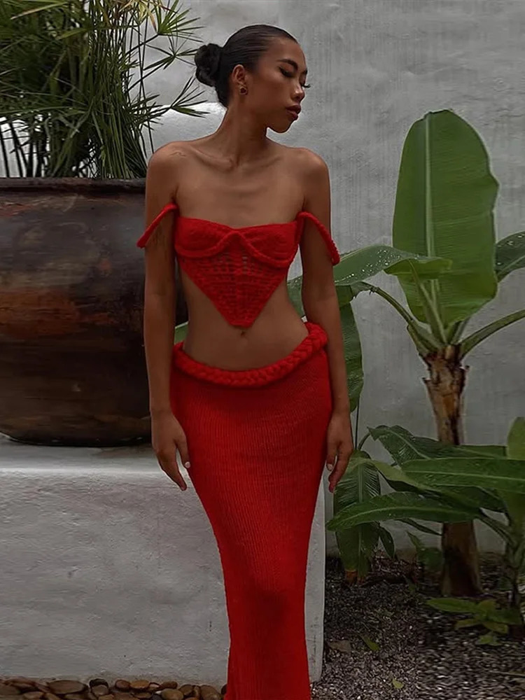 Sexy Knitted Sling Top Long Skirt Womans Set Retro Solid Hollow Out Lace Up Tube Tops High Waist Skirts Sets Lady Beach Holiday 250120