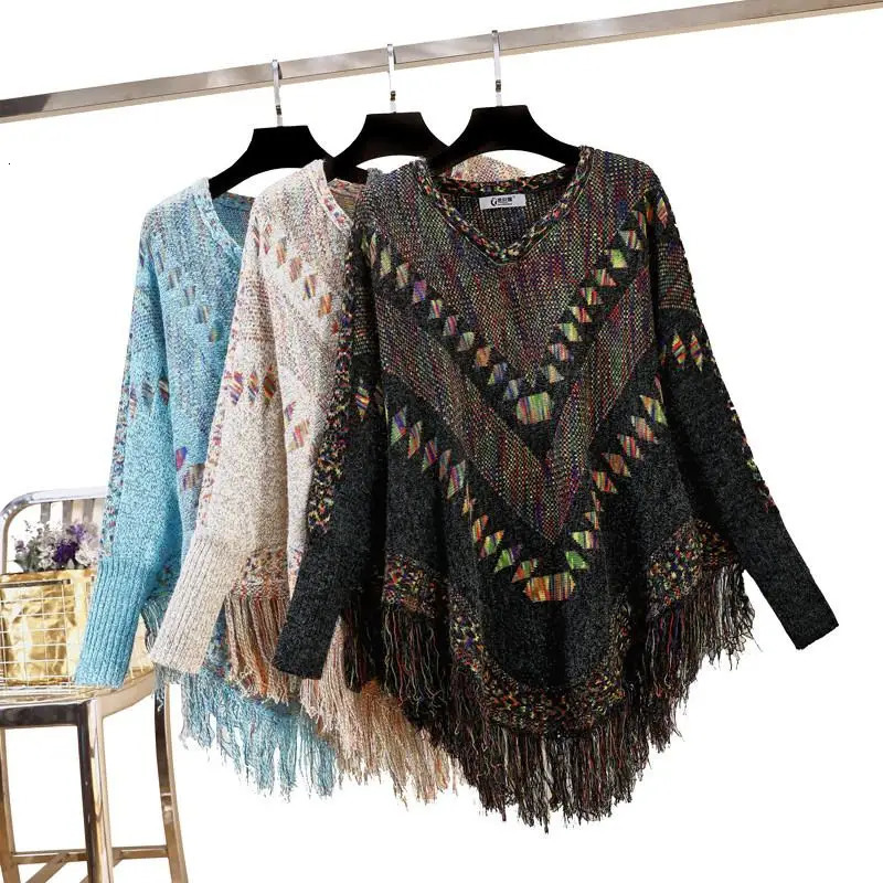 Women Vintage Patchwork Tassel Tricot Pullover Poncho Female Batwing Sleeve Oversize Knit Shawl ponchos and Capes sweaters 250121
