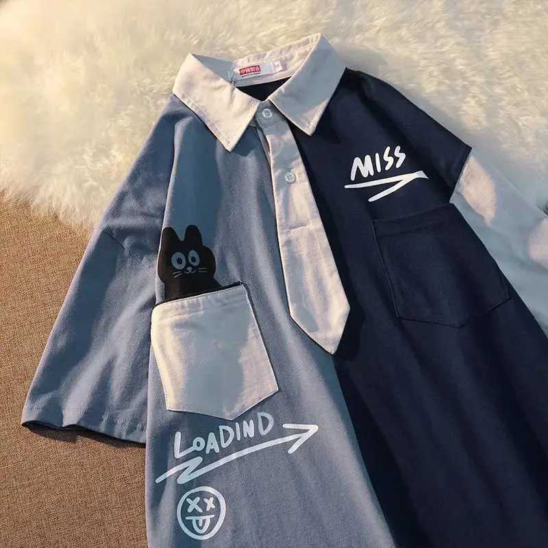 Summer street retro patch polo short sleeved mens and womens trendy personalized letter printing loose casual T-shirt top y2k W250117