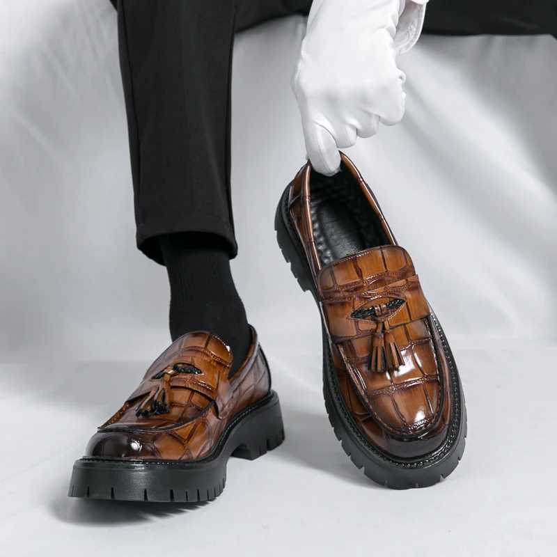 Business Tassel Loafers Shoes Slip Casual Thick Bottom Leather Black Dress Party Shoes Boat Loafers For Man FiXJ250118