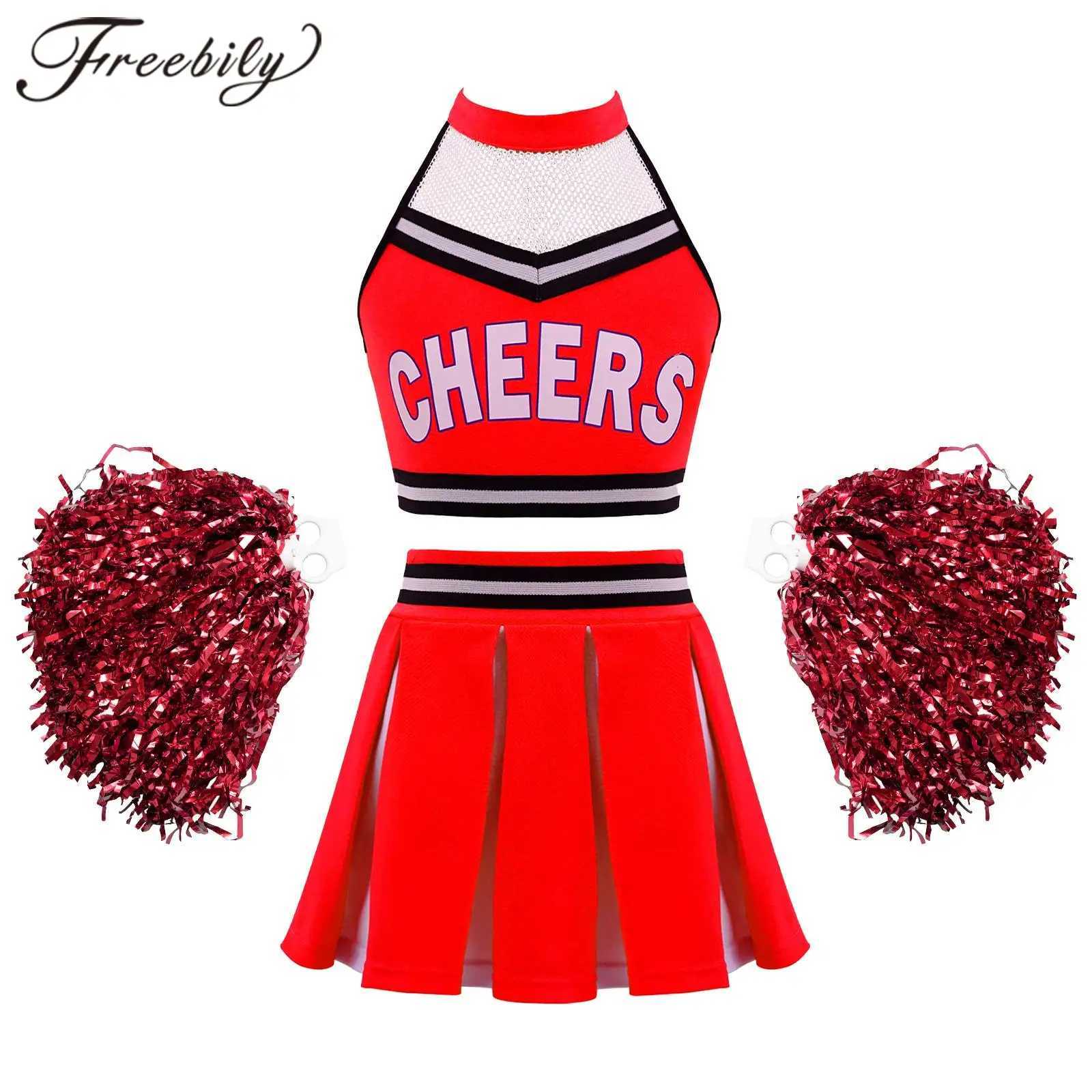 Childrens girls cheerleading costume dance costume cutting top+pleated skiing flower ball cheerleading uniform setW250121