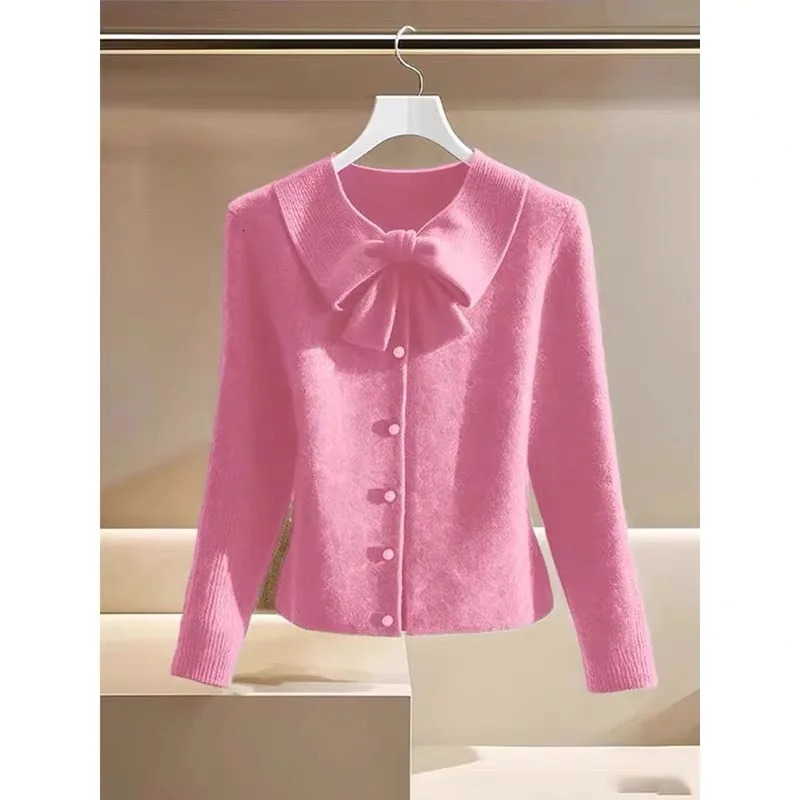 Women Knitwear Temperament Slim Bow O-neck Sweaters Autumn Winter Elegant Thick Warm Solid Knitted Cardigan 250121