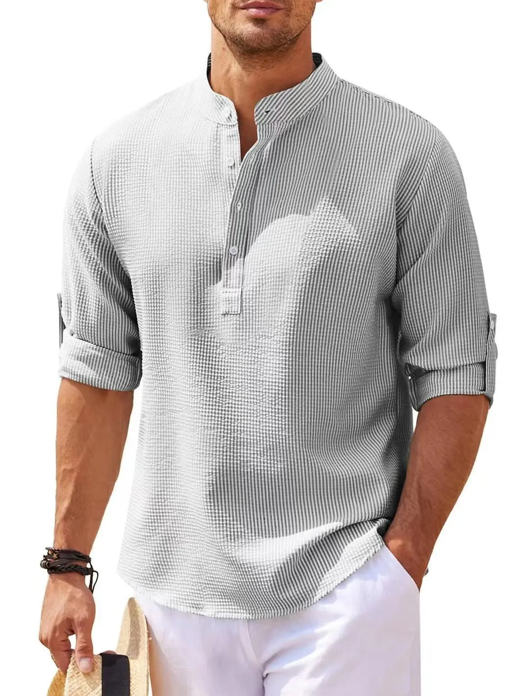 European and American mens long sleeved shirt stand up collar half open button shirt mens casual shirt top pine plaid 250116