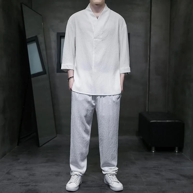 Vintage Button Tops Mens Two Piece Set Summer Casual Shirt and Pants Suits Outfit for Men Solid Color Tracksuit Leisure Clothing 250110