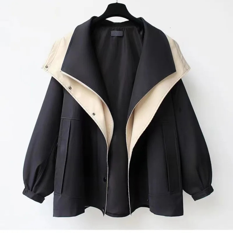 Autumn Chic Womens Windbreaker Contrast TwoPiece Zip Button Wind Coat Belt Hoodie Casual AllMatch Trend Outwear Jacket 250113