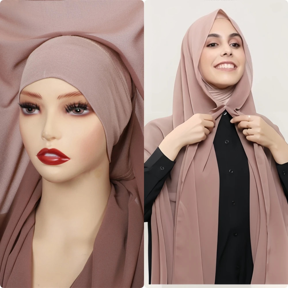Premium Instant Chiffon Hijab Wrap With Bulit-in Magnets Solid Color Muslim Women Scarf Shawl with Undercap 250121