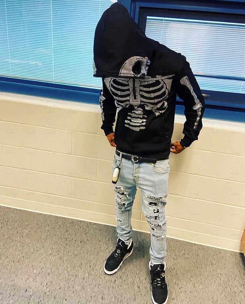 Mens Rhinestone Skeleton Sweatshirt Korean Fashion Punk Sport Coat Pullover skull graphics Goth Long Sleeve Hoodie Y2k jacket W250117