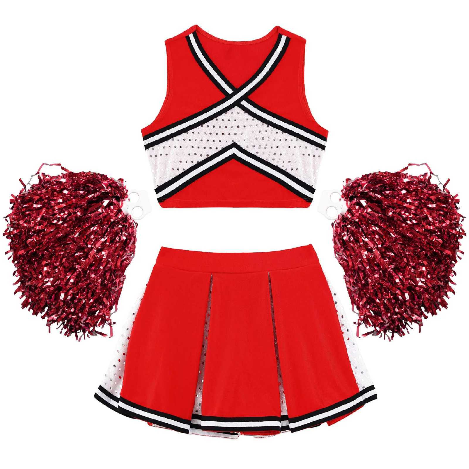 Kids Girls Cheerleading Uniform Dance Costume Striped Front V Neckline Top with Pleated Skirt and 2Pcs Flower Balls OutfitW250121