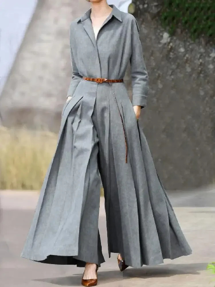 Lemongor British Style Long Sleeves Pleated Lapel Wide Leg Jumpsuits Women Spring Autumn Casual Office Grey Jump Suits 250114