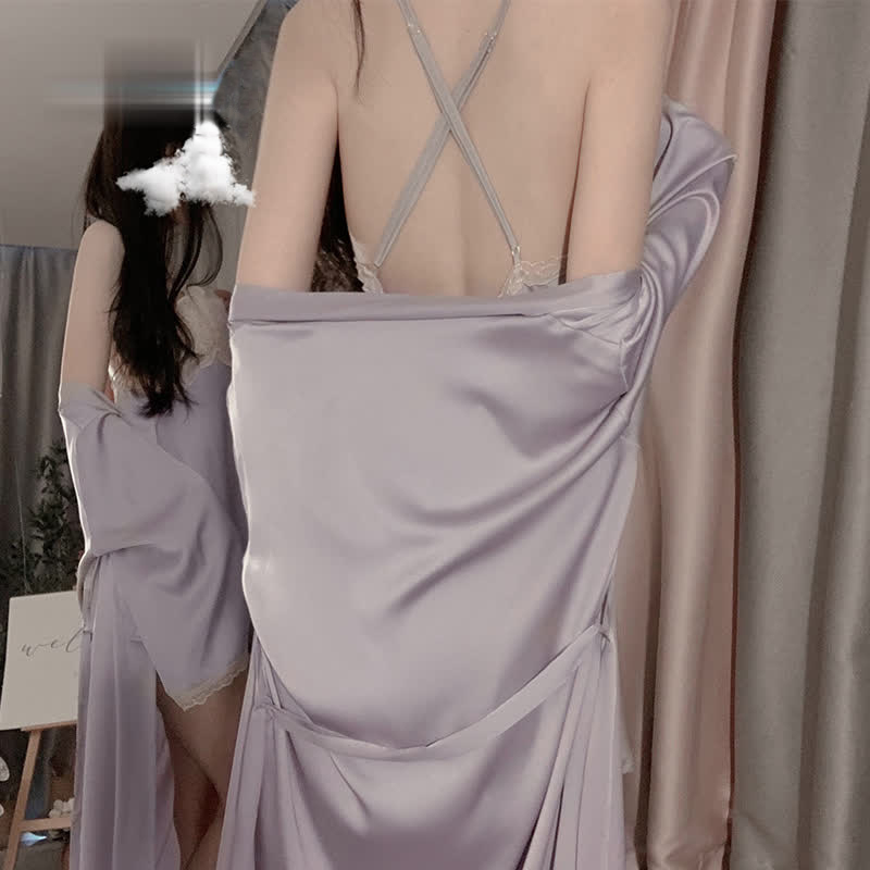 New hot-selling European and American style sexy loose pajamas backless pajamas solid color comfortable suspender skirt lace-up cardigan robe home set