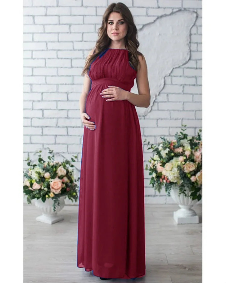 summer maternity dress solid color Sleeveless Fashion round neck belt waist po long maternity chiffon dress 250116