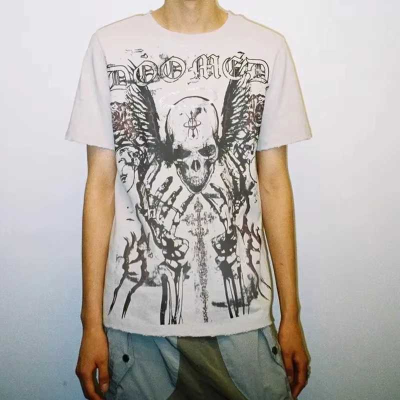 Retro Skull Large Pattern Short-sleeved T-shirt High Street Dark Punk Y2k 90s Harajuku Round Neck Oversize Loose Tops Clothes W250117