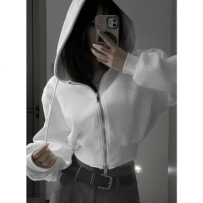 Cropped Zipper Hoodies Women White Casual Y2k Vintage Preppy Style Hooded Sweatshirt Korean Streetwear Harajuku Fashion 250109