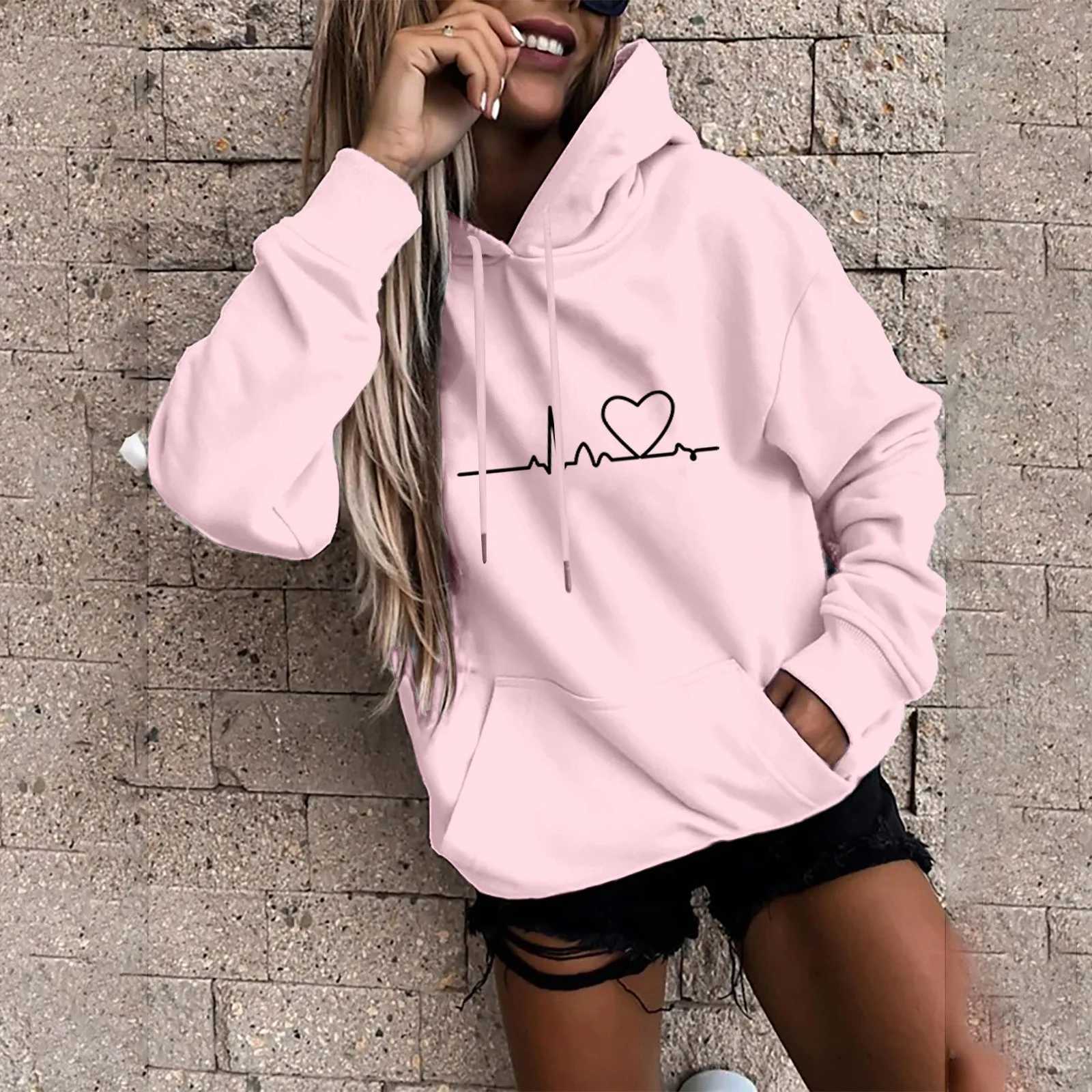 y2k Ins Heartbeat Sketch Printed Womens Hoodie Long Sleeve Casual Daily Wear 2024 Women Hoodies Fall Winter womens sweaters W250117
