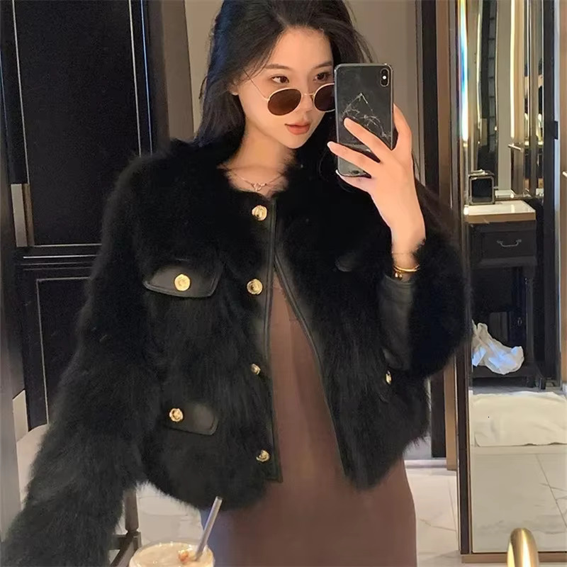 Autumn Winter Short Faux Ladies Coat Round Neck Long Sleeves Fur Female Jacket New Thickening Plush Women Outwear