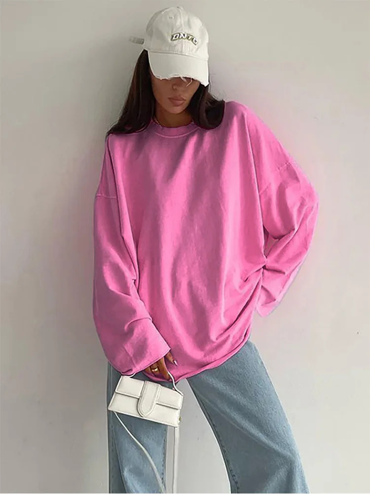 Pink Tee Shirts Streetwear Round Neck Long Sleeve Casual Pullover Tops Women Autumn Thin T-Shirts Lady 250113
