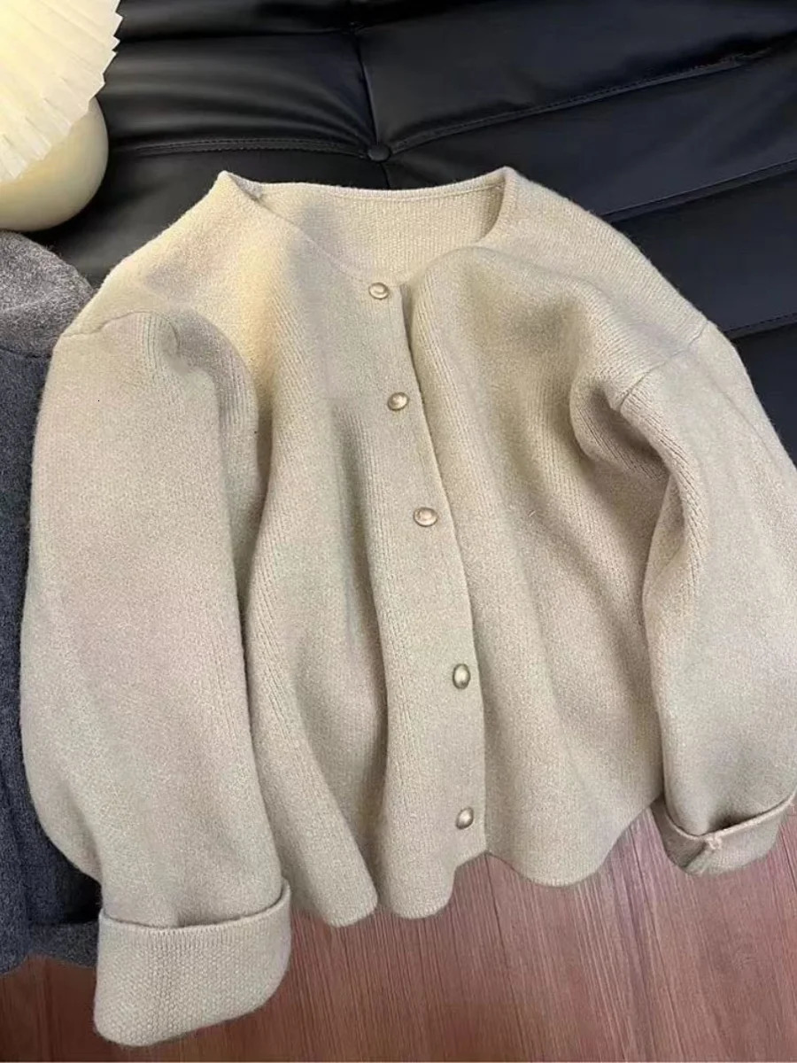 Elegant O-Neck Knitted Sweater Cardigan Spring Autumn Korean Loose Versatile Long Sleeved Top Single Breasted Jacket 250118