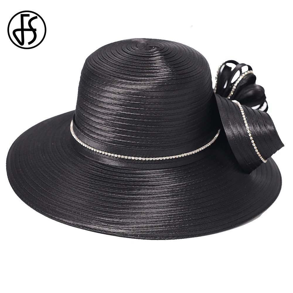 FS Elegant Black Hat Lady Formal Dress Fedora Church Cocktail Tea Party Derby Caps For Women Bow Flower Wide Brim Cloche Hats 250118