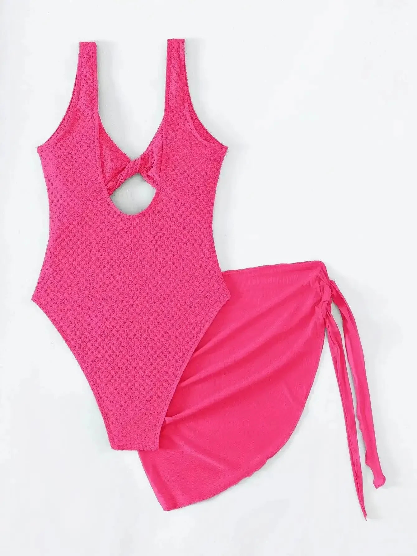 Cut Out Twist Front One Piece Swimsuit Women Knot Side Beach Skirt Solid Color Summer Swimwear Bathing Suit Give A Gift 250118