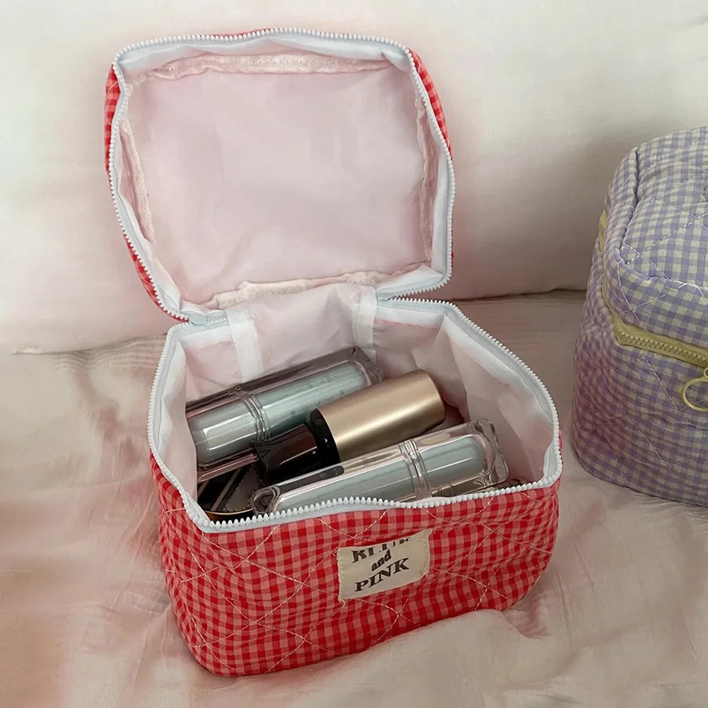 Women Plaid Makeup Bag Travel Cosmetic Bag Fashion Cotton Checkered Makeup Bag Cute Brushes Storage Pouch Bag Large Toiletry Bag250114