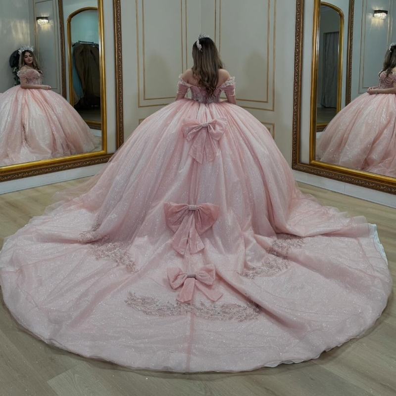 Pink Shiny Quinceanera Dresses Ball Gown Off Shoulder Beading Crystal Bow Tull Corset Birthday Party Sweet 16 Dress Vestidos 15 De Anos