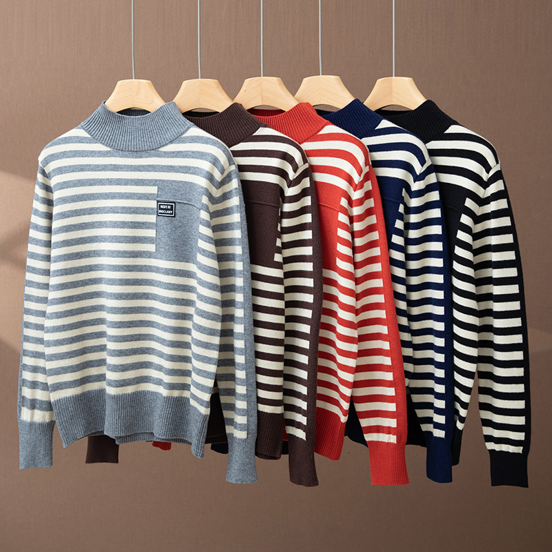 Autumn Winter Women Wool Fashion Soft Sweater Female Half-High Collar Strip Pullover Loose Casual Knitwear Bottomming Tops