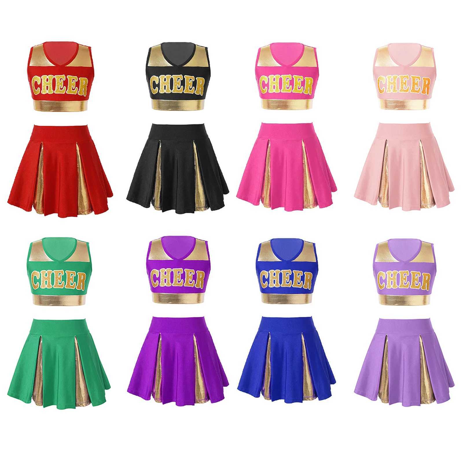 Patch work cheerleading uniforms for children and girls V-neck letter printed crop top with elastic shoulder straps ski cheerleading uniformsW250121