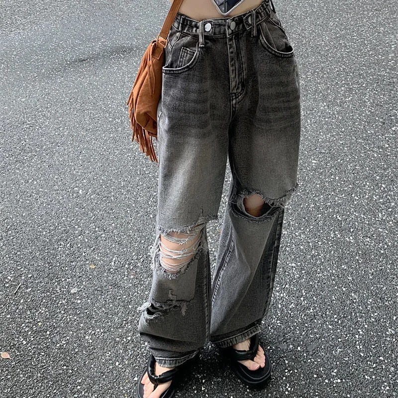 Y2K Ripped Denim Pants for Women Spring Button High Waisted Baggy Washed Hole Vintage Jeans Casual All-Match Straight Trousers 250117