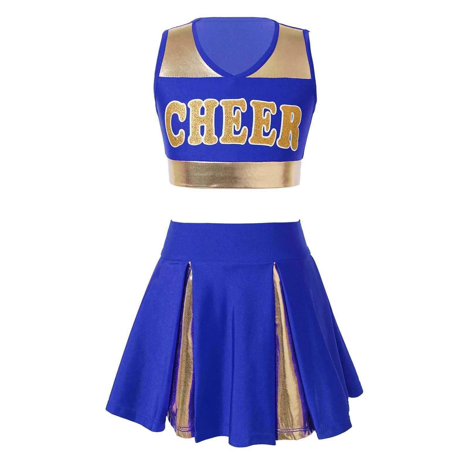 Patch work cheerleading uniforms for children and girls V-neck letter printed crop top with elastic shoulder straps ski cheerleading uniformsW250121