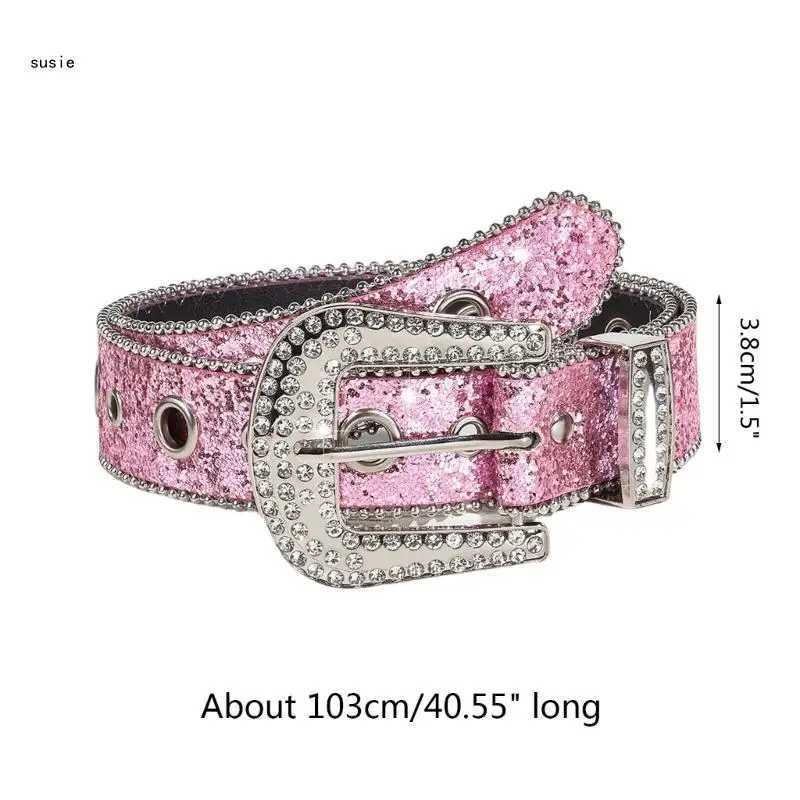 X7YA Pink Color Waist Belt Western Full Diamond Belt Cowgirl Cowboy Belt W250120