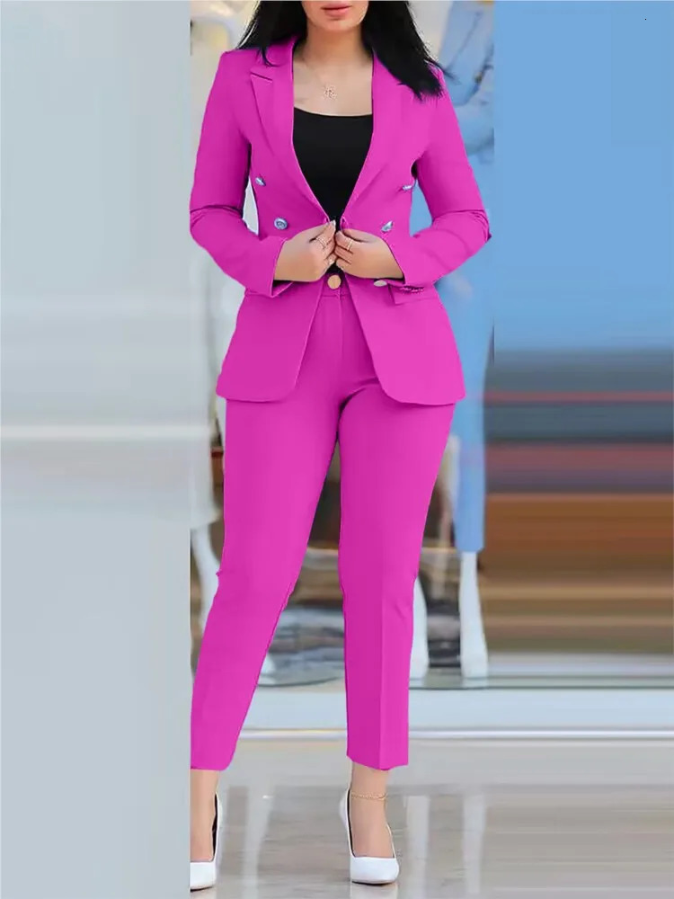 Elegant office womens two-piece autumn and winter womens fashionable notch collar long sleeved jacket and high waisted work pants set 250118