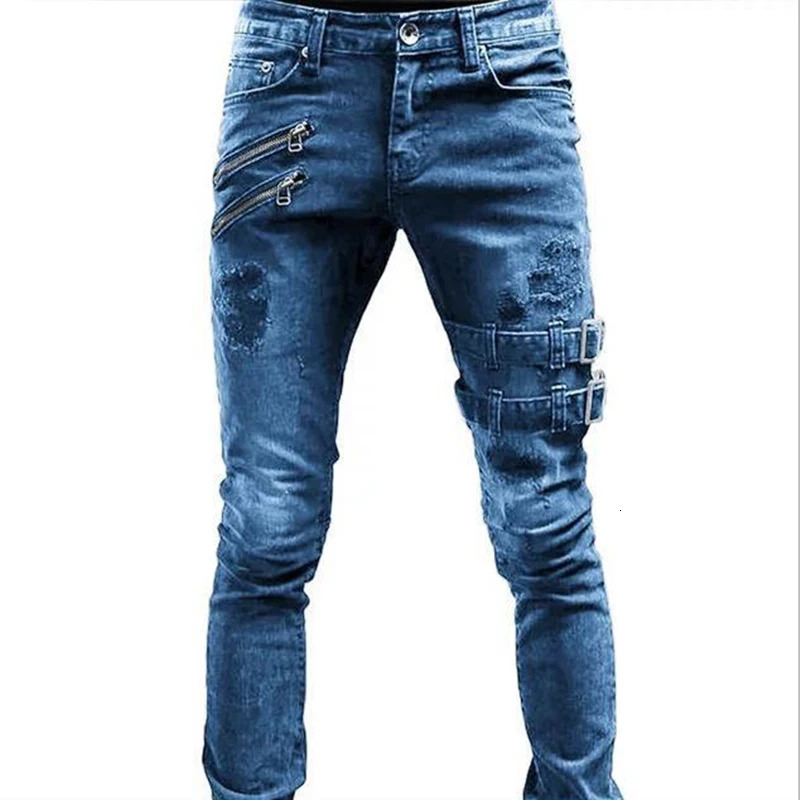 Street Skinny Ripped Jeans Men Denim Cargo Pants Wash Solid Color Casual Mid Waist Trousers Slim Daily Wear Joggers Y2K Clothing 250118