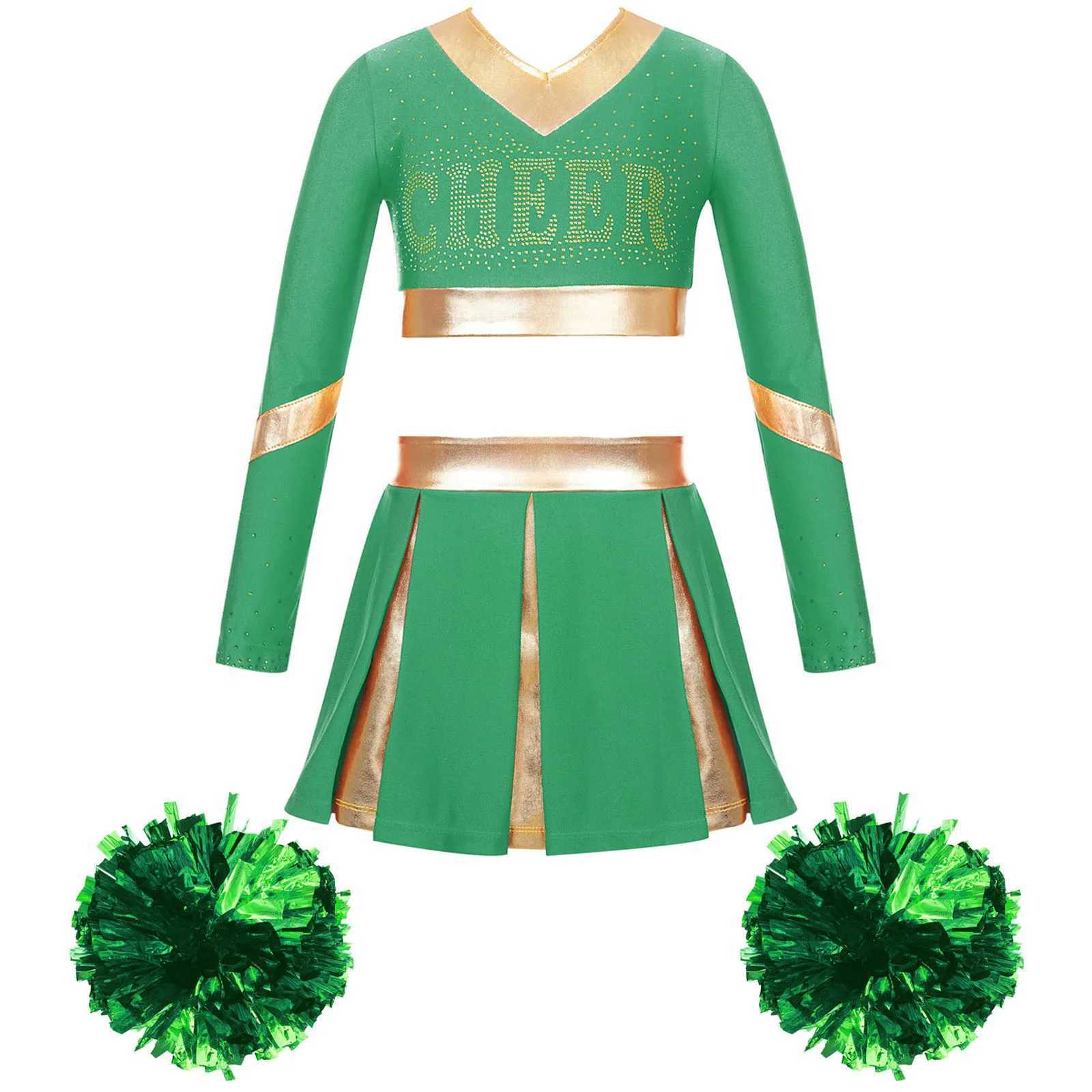 Kids Girls Cheer Dance Outfit Teens Cheerleading Uniforms with Hand Flowers Teen Dancewear Set for Children Performance ClothesW250121