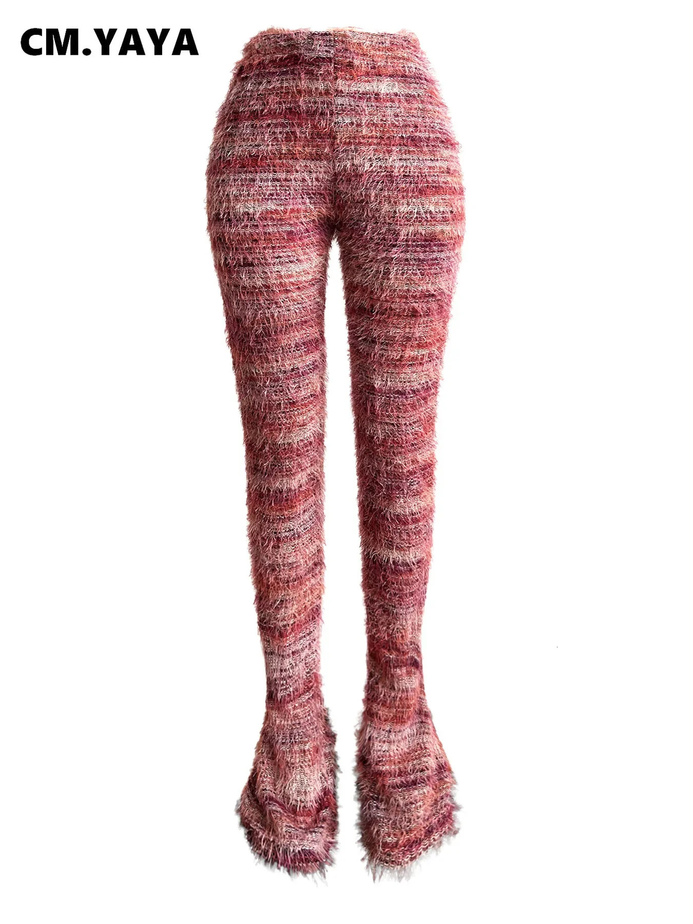 CM.YAYA Womens Street Clothing Knitted Ribbon Stripes Keep Warm Winter Shining Pants Fashion Event High Waist Trousers 250122