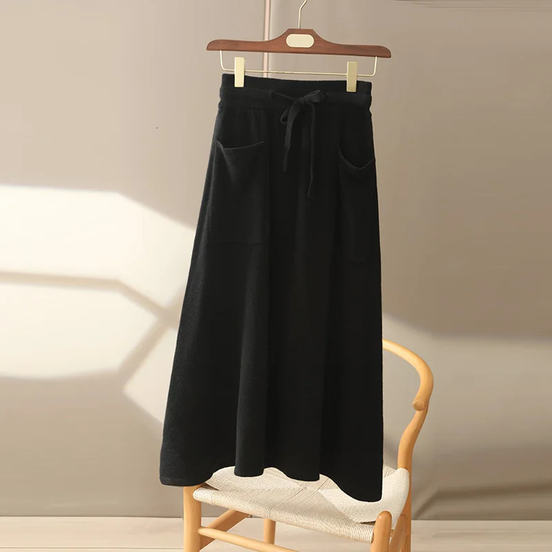 Autumn And Winter100 Pure Wool Skirt Womens Long Pocket Small A High Waist Slim Cashmere Knit ALine 250121