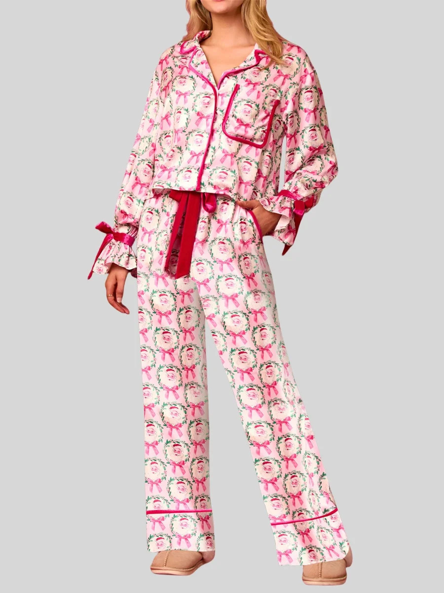 Christmas Loungewear Satin Silk 2 piece Pajamas Set Bow Tie Long Sleeve Shirts Wide Leg Pants Santa Claus Sleepwear Pjs Set 250122