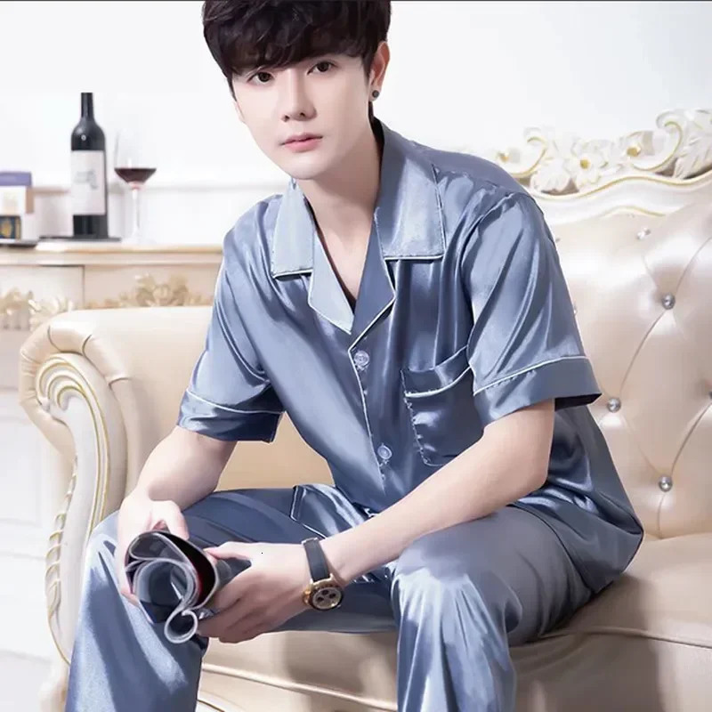 Short Men Silk Summer Satin Pyjama Wear For Pajamas Lounge Pijama Color Home Night Pants Pajama Set Sleeve Male Suit Mens Solid 250122