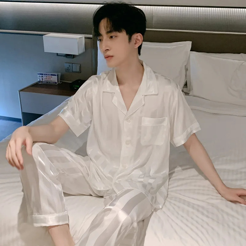 White Striped Mens Suit Pajamas Shortsleeved Trousers Thin Ice Silk Summer Boys Home Clothes 250122