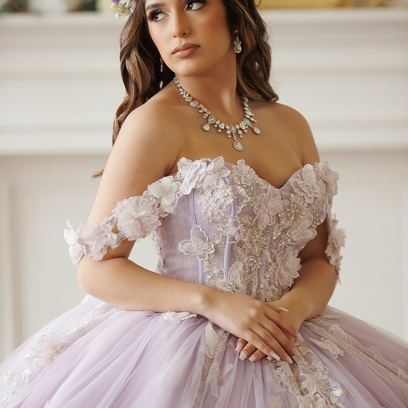 Lilac Quinceanera Dresses Ball Gown Off Shoulder Appliques Bow Beading Tull Corset Birthday Party Sweet 16 Dress Vestidos 15 De Anos