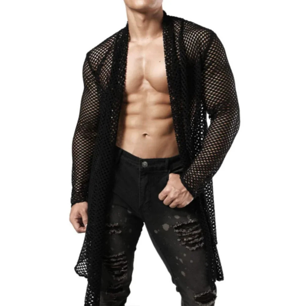 Sexy Male Hollow Out In Cardigan Grid Streetwear Men Fashion Perspective Long-sleeved T Shirts Tops 250118