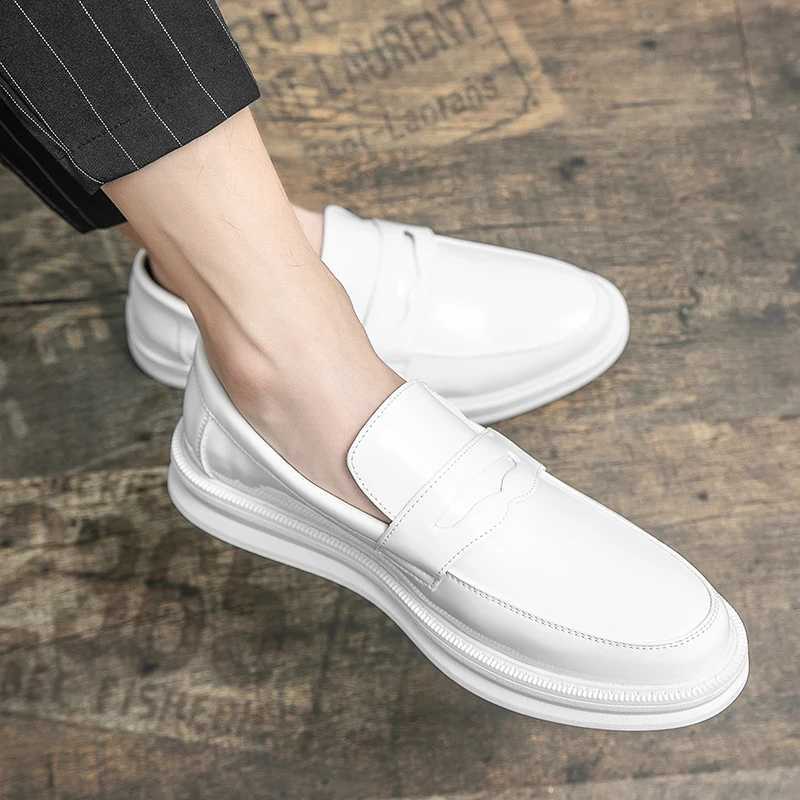 Brand Mens Loafers White Mens Dress Office Wedding Dress Shoes Lace Up Round Toe Black Shiny Leather Shoes Mens Casual ShoesXJ250118