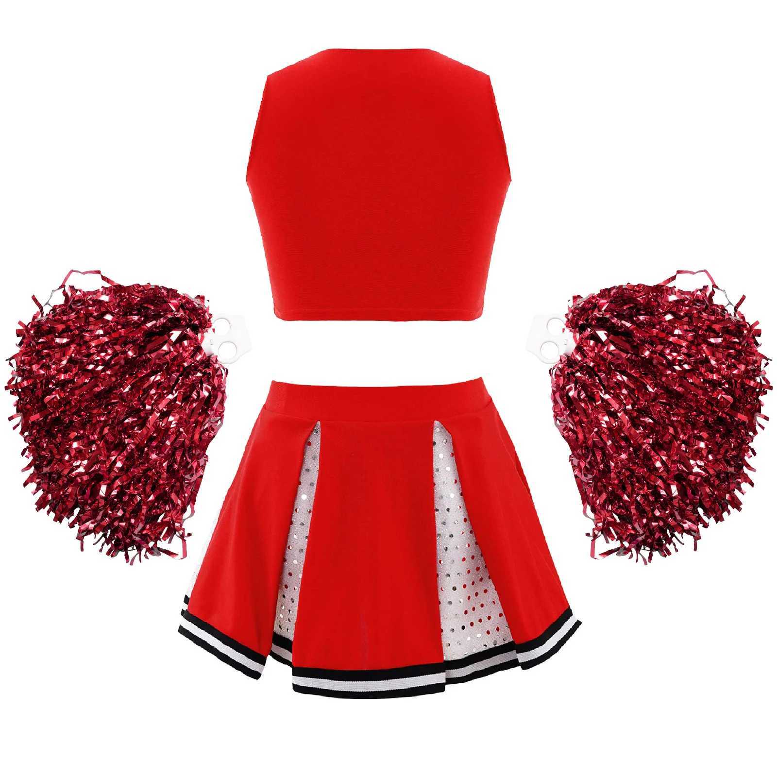 Kids Girls Cheerleading Uniform Dance Costume Striped Front V Neckline Top with Pleated Skirt and 2Pcs Flower Balls OutfitW250121